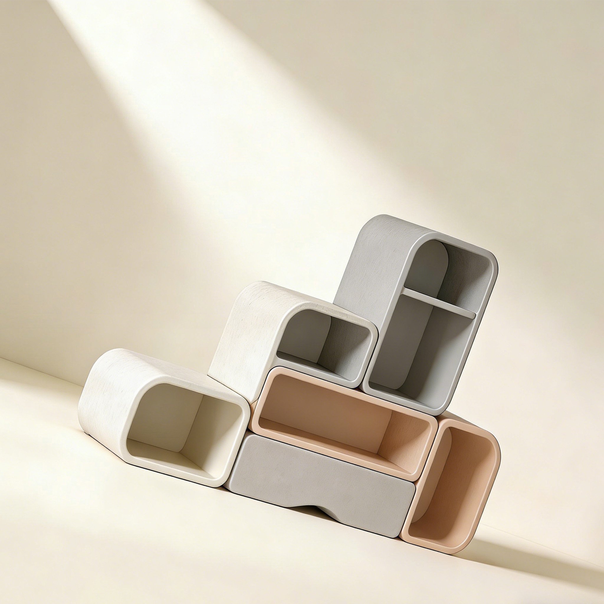 창의적인 기하학적 조합 수납장 전면 사진