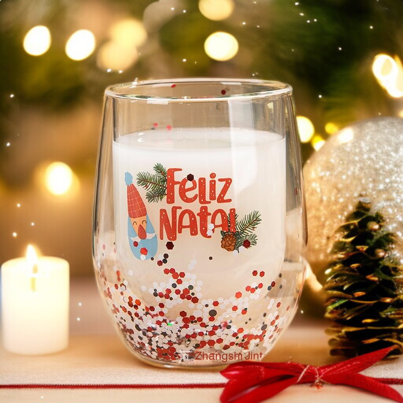 Doppelwandiges Glas mit rotem Henkel, Weihnachtsbecher 2025