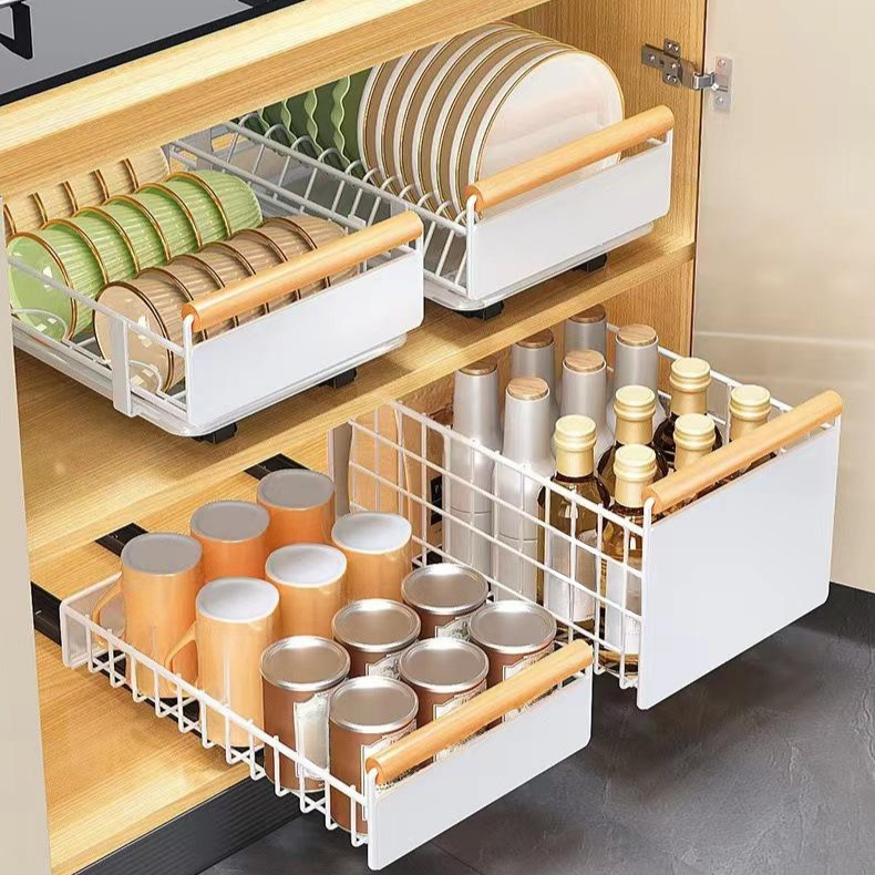 Estante extraíble multifuncional para platos y especias con riel deslizante y diseño plegable