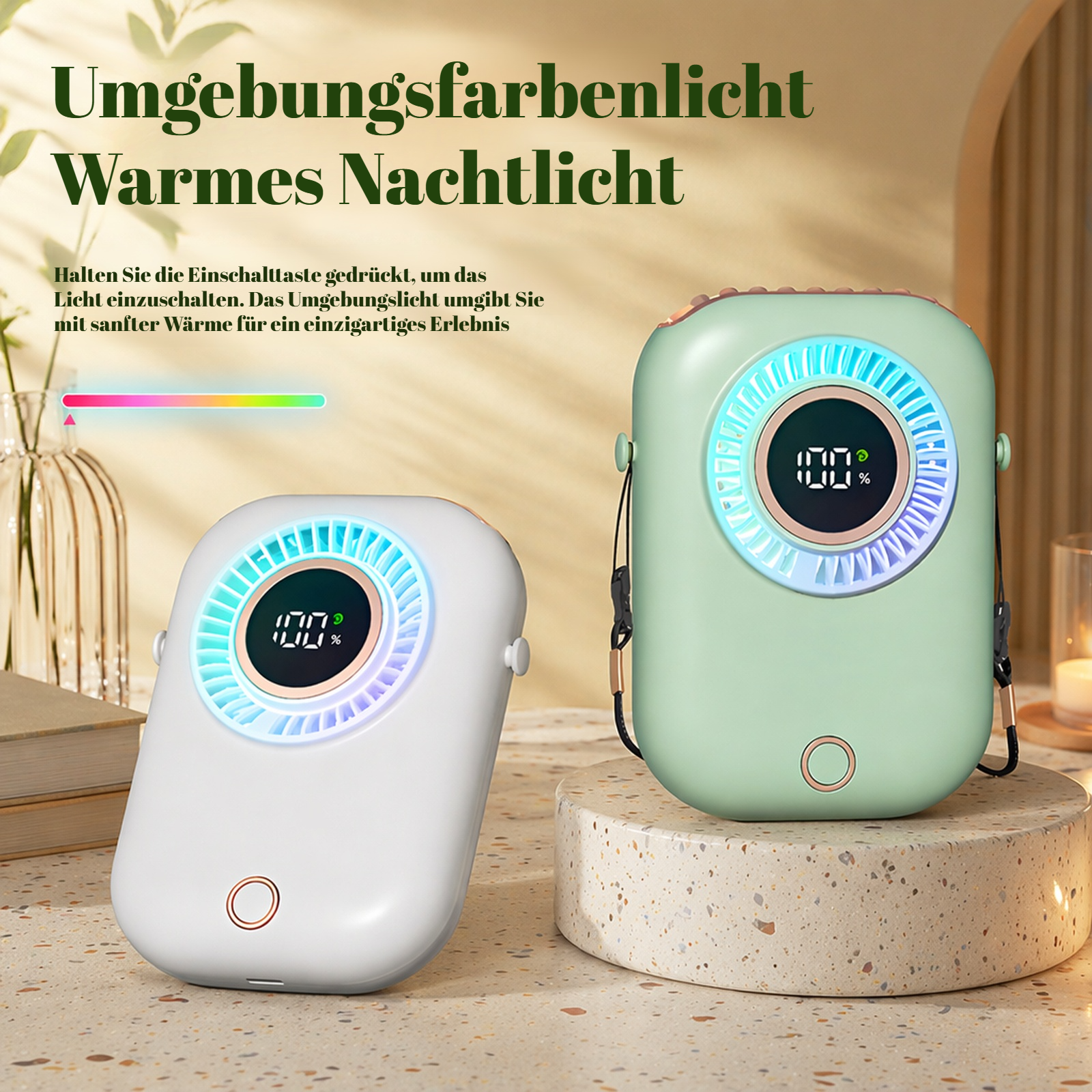 Bunter tragbarer Halsventilator mit intelligentem Display und Stimmungsbeleuchtung