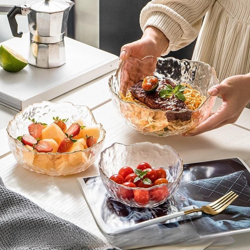 金邊錘紋玻璃沙拉碗水果盤