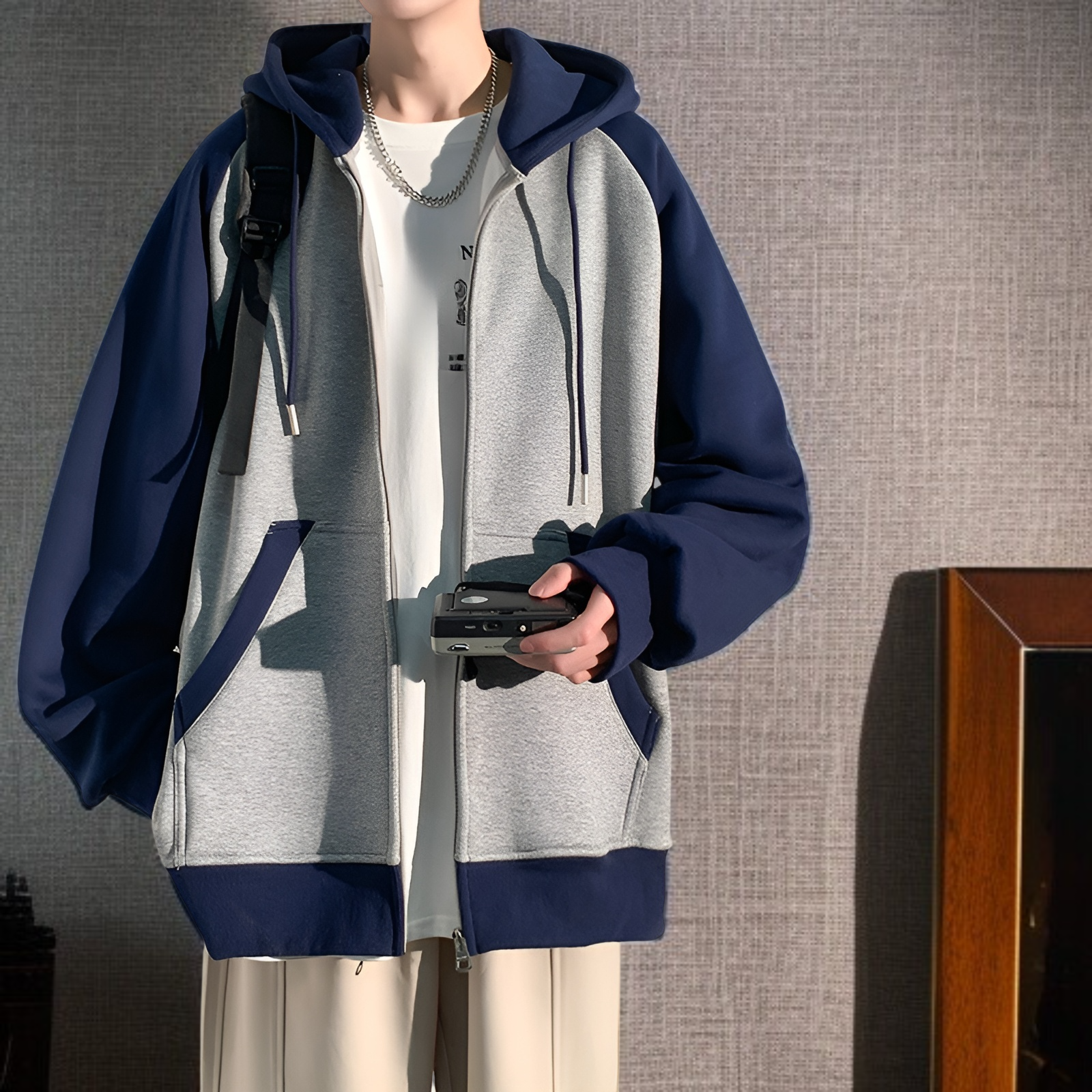 ヘビーステッチジッパーフード付きカーディガンセーター春と秋メンズトレンドルーズジャケットメンズカジュアルトップスジャケット