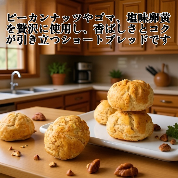 ピーカン、ゴマ、塩味卵黄、ナッツのショートブレッド