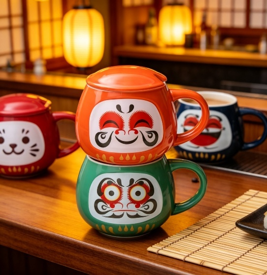 Colorful face design on ceramic coffee cup