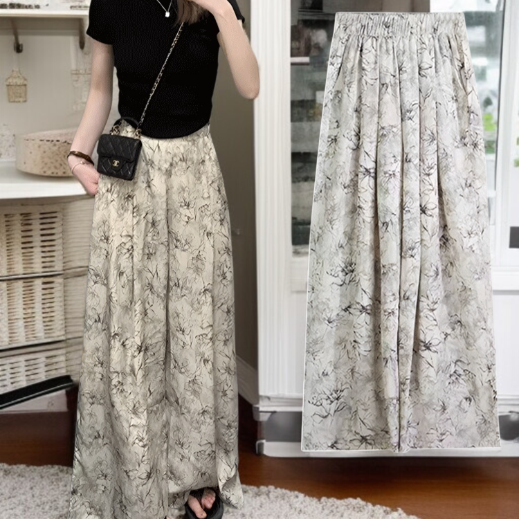 와이드 팬츠 여 패션 수묵 팬츠 처짐 날씬해 보이는 하이웨스트 일자 스커트 슬림핏 플라워 와이드 팬츠