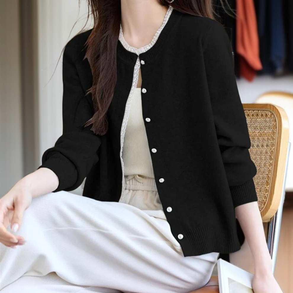 여성 그레이 니트 가디건 아우터 무드 상의 레이스 긴팔 니트