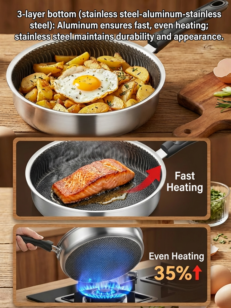 Stainless Steel Frying Pan for Cooking Eggs and Steaks