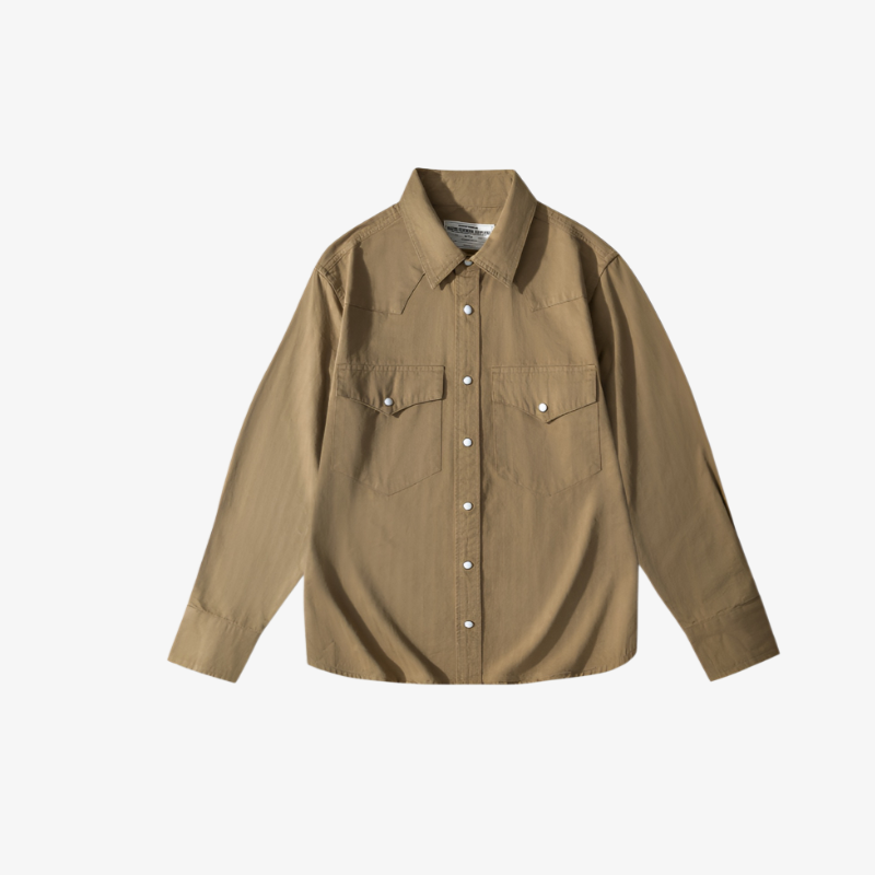 メンズ無地ヘリンボーン作業シャツ 瑪瑙ボタン付き新作長袖