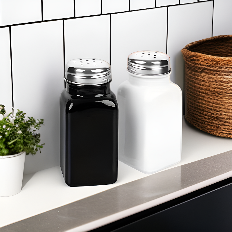 Bouteille à épices en verre carré noir et blanc, idéale pour poivre et sel