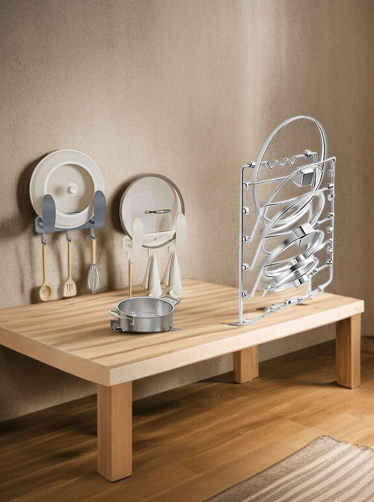 Space-saving pot lid organizer with punch-free design