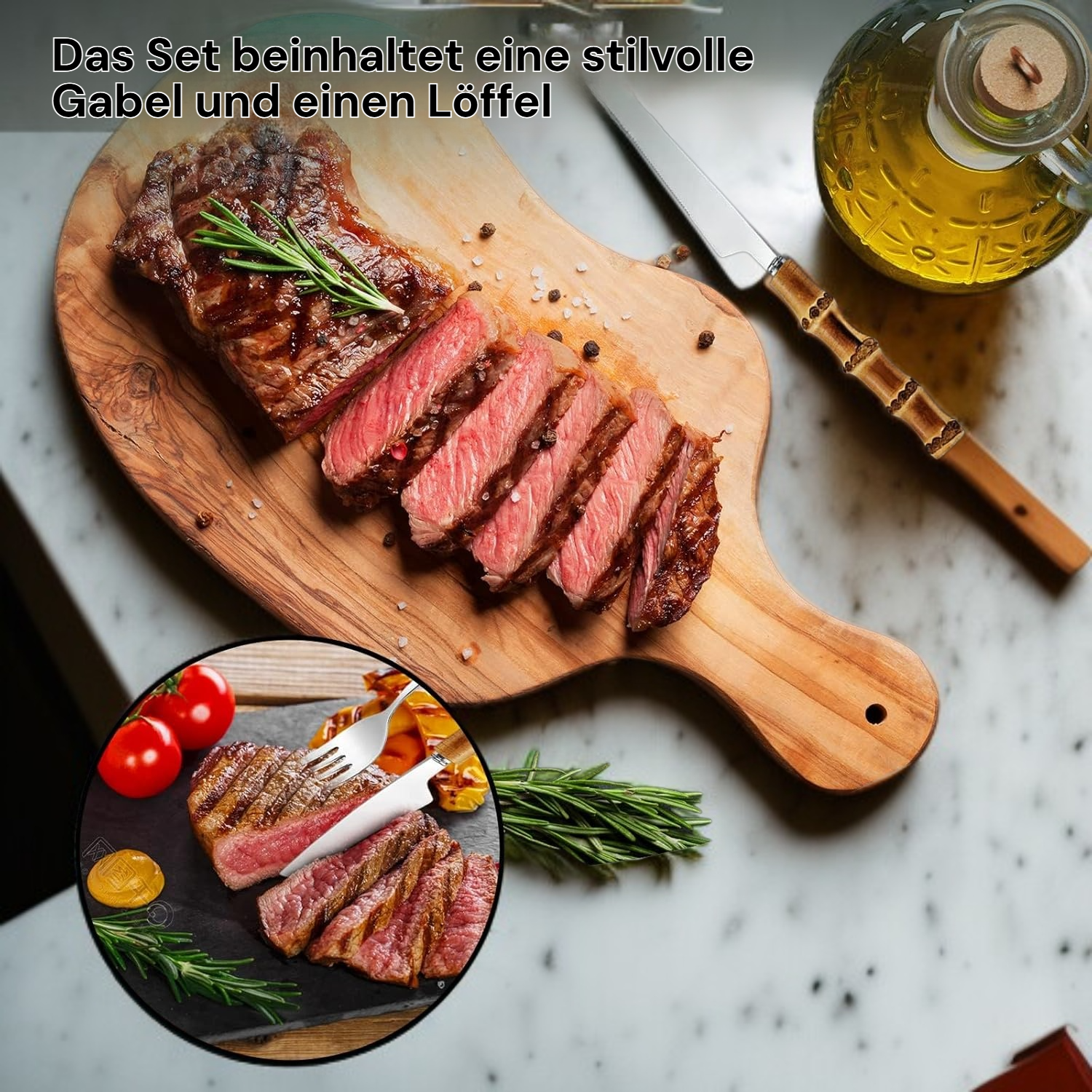 Natürliches Bambusbesteck-Set, handgefertigte Küchenutensilien mit Gabel und Löffel