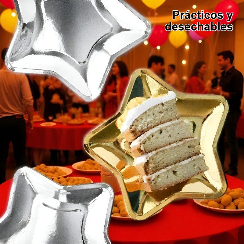 Platos de papel desechables con estrellas doradas para Navidad