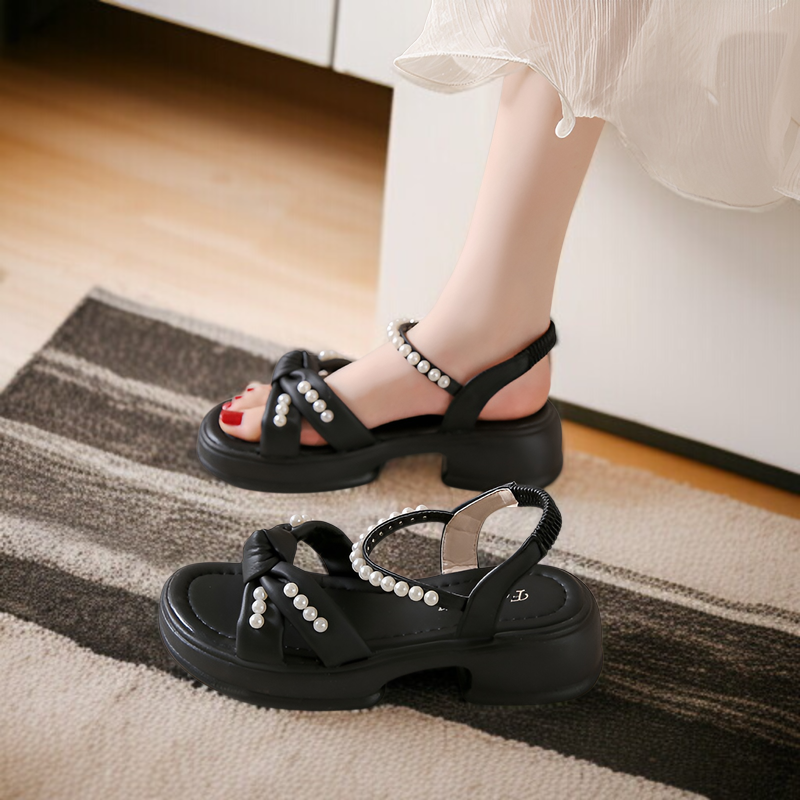 2025年夏の新作サンダル、妖精風厚底サンダル、レディースファッションパールレディースシューズ、小さめの香り風厚底サンダル、レディースサンダル