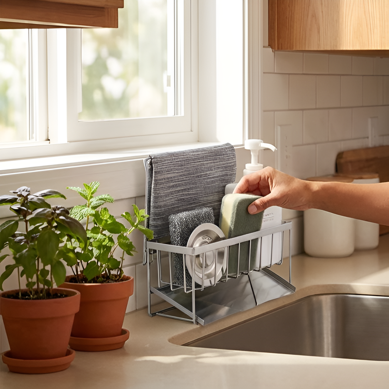 ชั้นวางของในอ่างล้างจาน ที่แขวนผ้าเช็ดจาน ฟองน้ำ ชั้นวางระบายน้ำในครัว