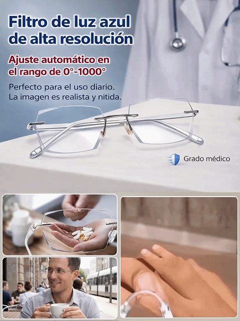 Lentes de titanio autoenfoque 0.1s: Ve cerca, lejos y cambian a lentes de sol.