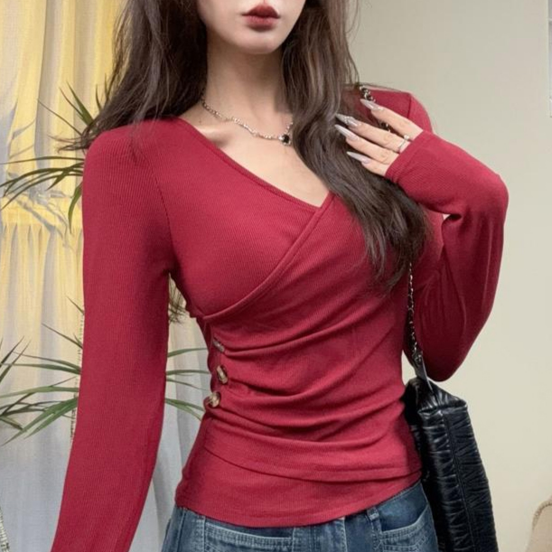 デザイン感のあるスリムVネック長袖トップス
