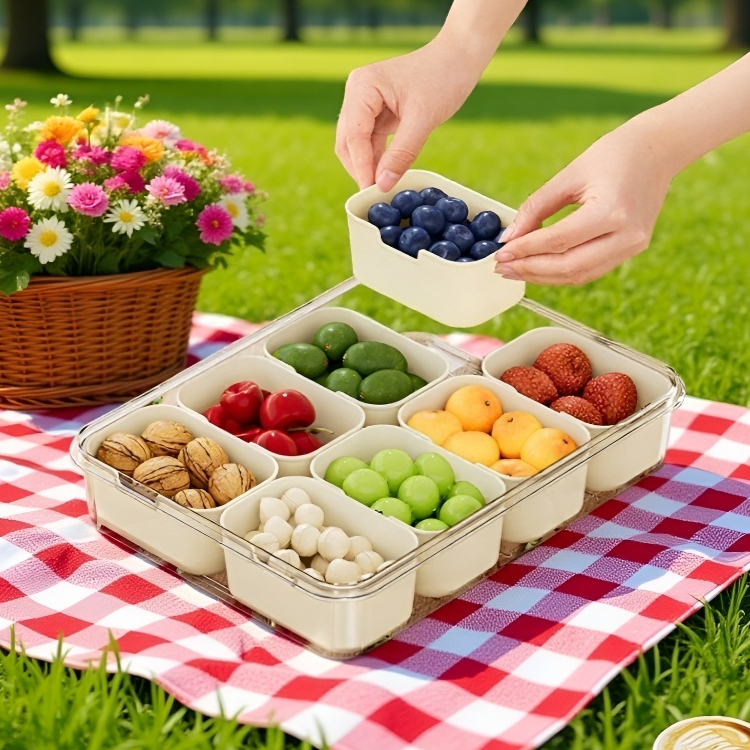 Compact fruit storage box with sealed lid and cutlery set