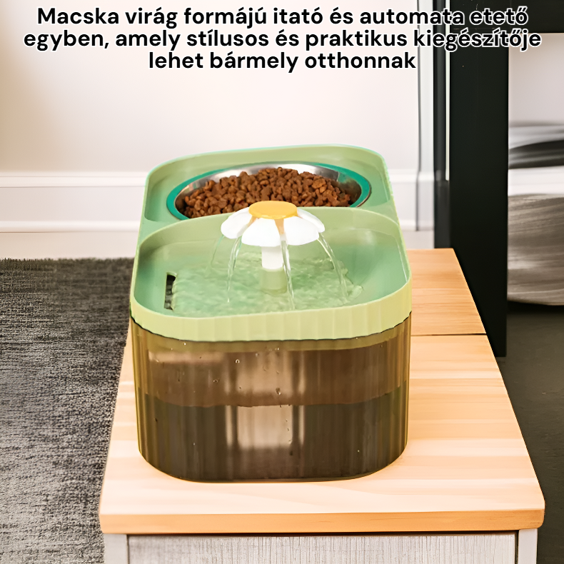 Macska virág formájú itató, egybeépített automata etető dupla tállal