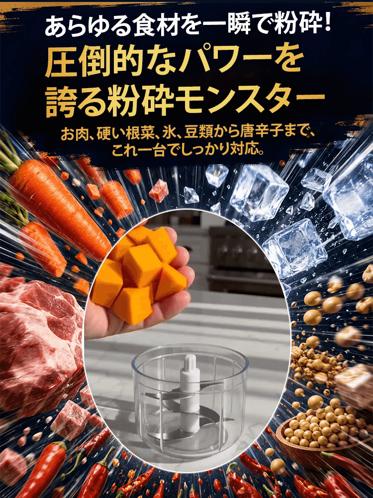 コードレスで持ち運び便利な軽量ミニフードプロセッサー