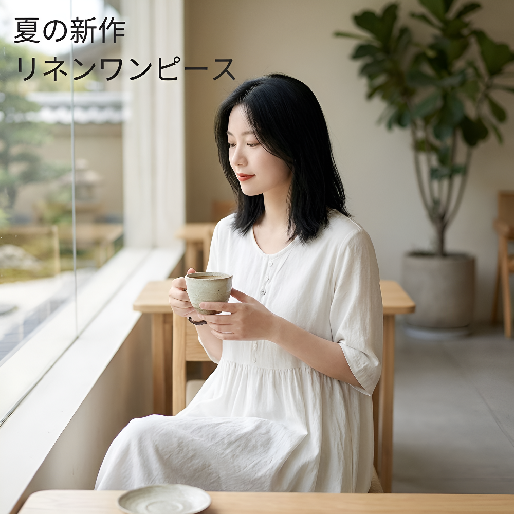 ゆったり切替コットンリネンVネック五分袖ミディアムワンピース（レディース・アート風）