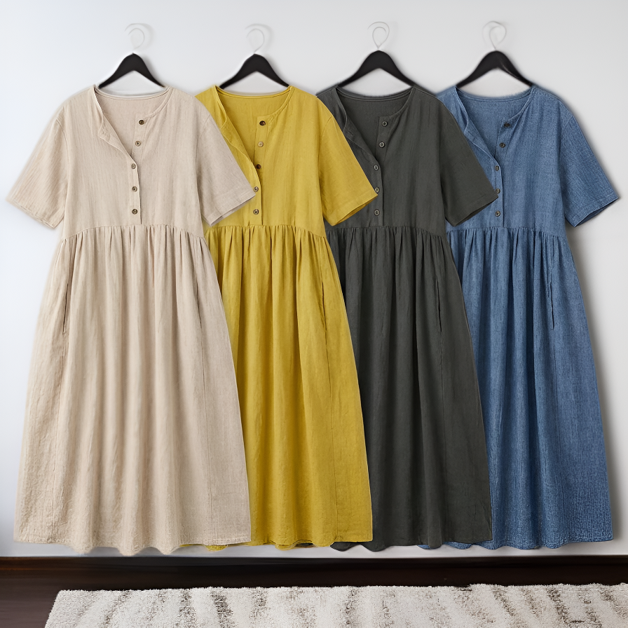 夏のカラフルスリム綿麻ロングワンピースレディース新作半袖欧米風