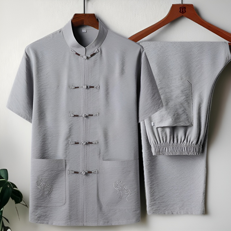 中国風中高年男性用唐装コットンリネン半袖セット