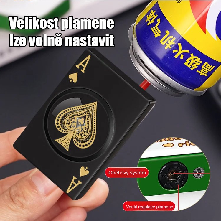 Otočný odolný proti větru zapalovač s motivem pikového esa.