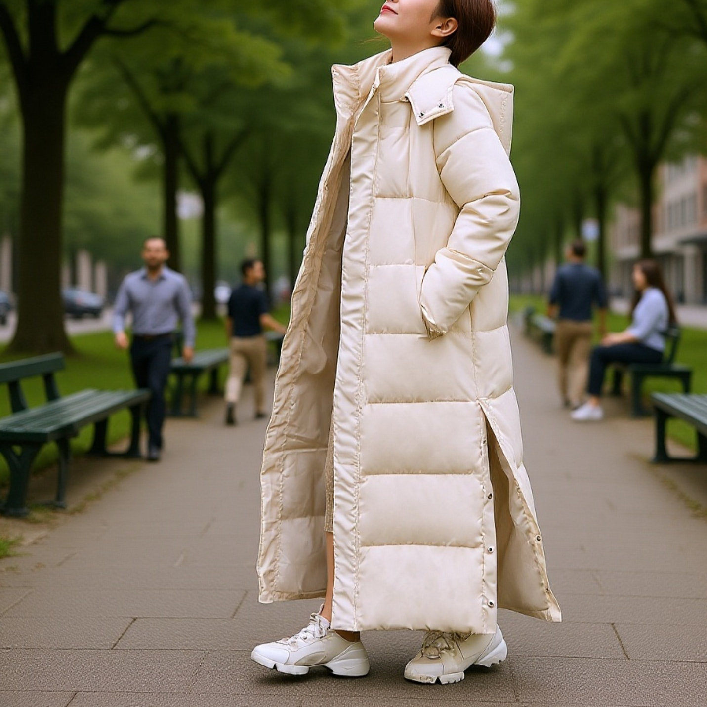 超ロング丈・ゆったりシルエットの女性用ダウンコート・足首まで暖かいパフジャケット