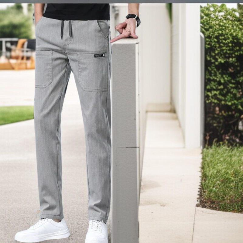 남자 여름 캐주얼 팬츠 작은 일자 아이스 원단 고탄력 팬츠 디자인 남자 데님라이크 6포켓 밴딩 허리 얇은 캐주얼 팬츠
