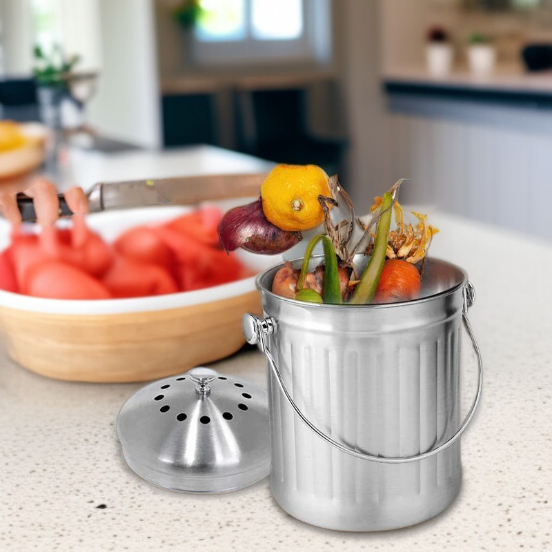 Nerezový odpadkový koš na zpracování kuchyňského odpadu s víkem – kuchyňský kompostér