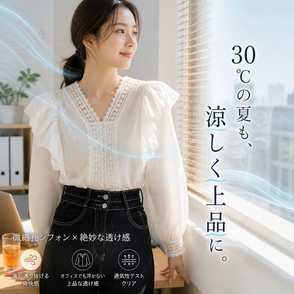 ゆったりカジュアルパフスリーブレースブラウス