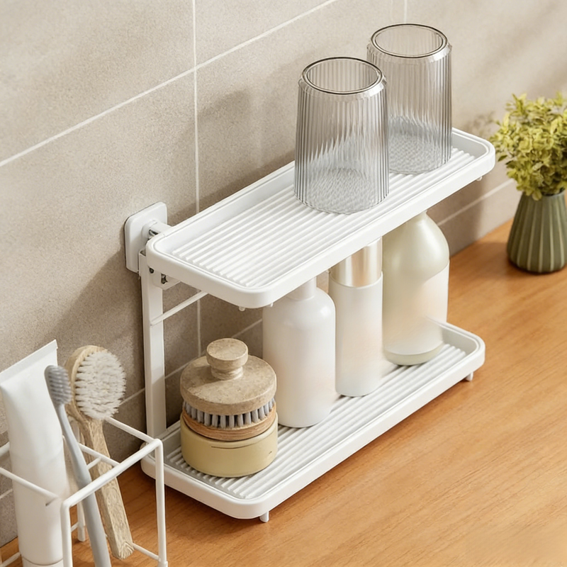 Double-Layer Bathroom Rack, Organizer for Toothbrushes and Bath Supplies