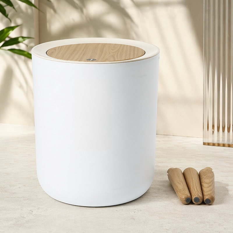 Elegant wooden trash can in modern kitchen