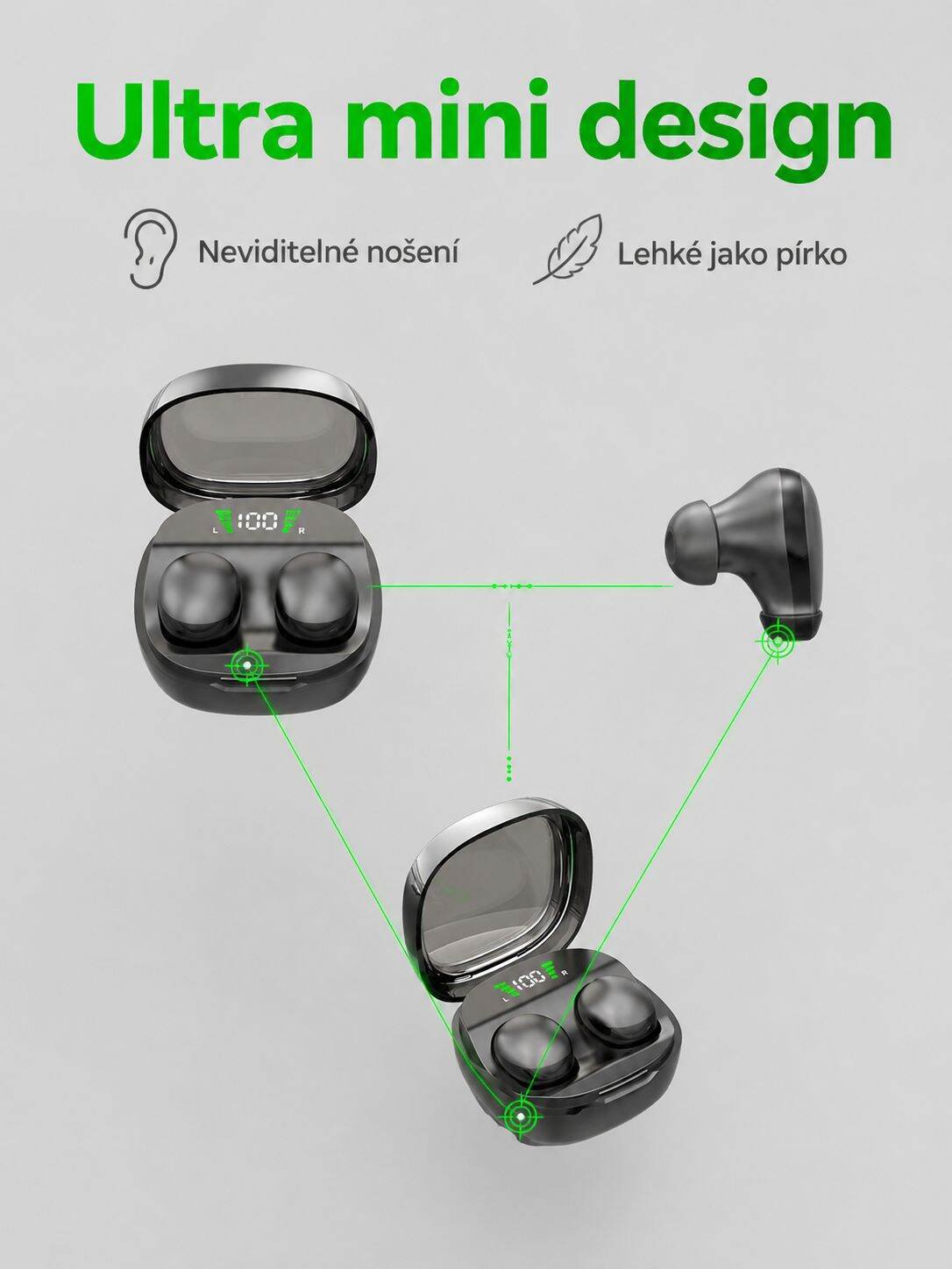 Ultra mini spací Bluetooth sluchátka detailní pohled