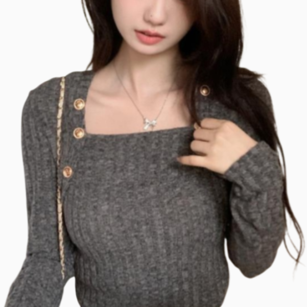 여성 가을 분위기 슬림 캐시미어 스웨터 언밸런스 디자인 숏 긴팔 니트