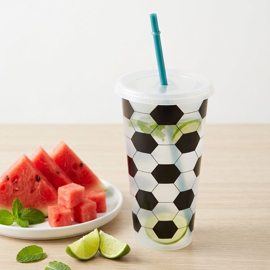 Soccer-print plastic cup with straw