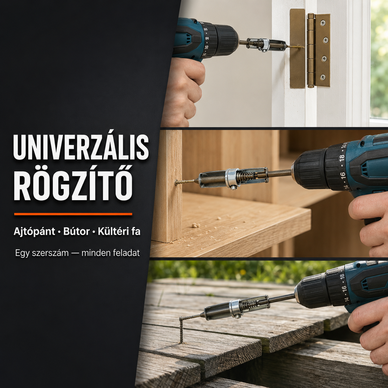Rugós csavar rögzítő fúrófej egykezes működtetéssel, univerzális csavarrögzítő eszköz