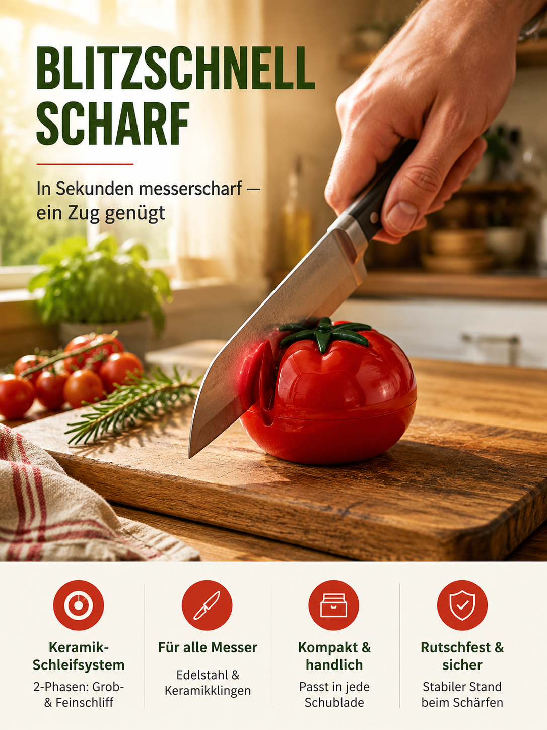 Tragbarer manueller Tomaten-Messerschärfer für die Küche, schneller Schleifstein