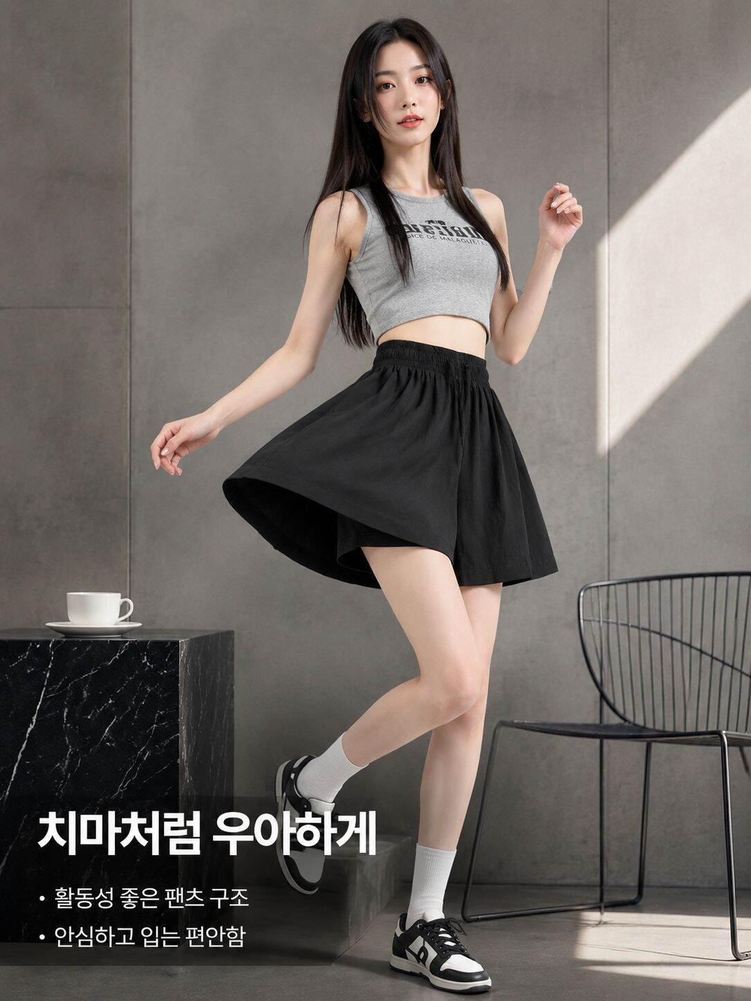 여성용 아이스실크 5부 반바지 하이웨이스트 와이드팬츠 스커트팬츠