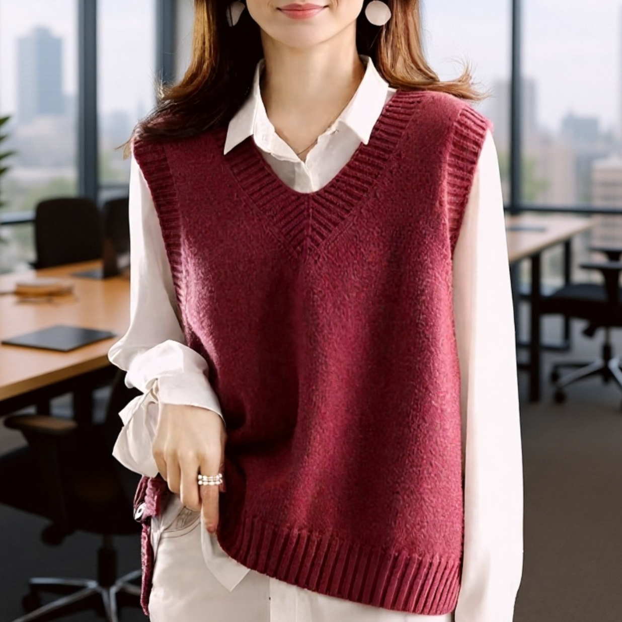 レディース ニットベスト 春秋用 ゆったりVネック 体型カバー 重ね着インナー