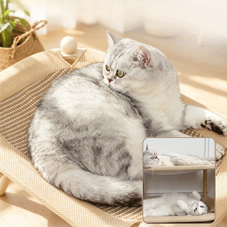 二層構造の猫用ベッド。2層構造で、夏場は涼しく過ごせるマットとしても使えます。爪とぎとしても使え、耐摩耗性に優れた無垢材を使用しているため、オールシーズン対応です。
