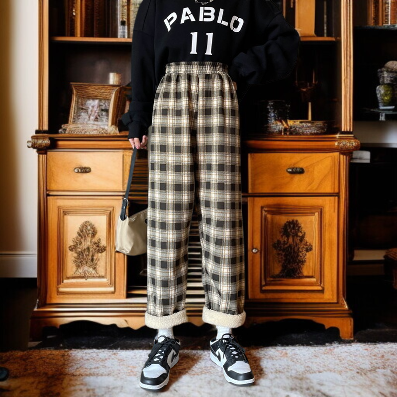 チェック柄パンツ女性秋冬新作ハイウエスト韓国版ゆったり薄手ワイドパンツパッド入りとろみカジュアルドラッグパンツ