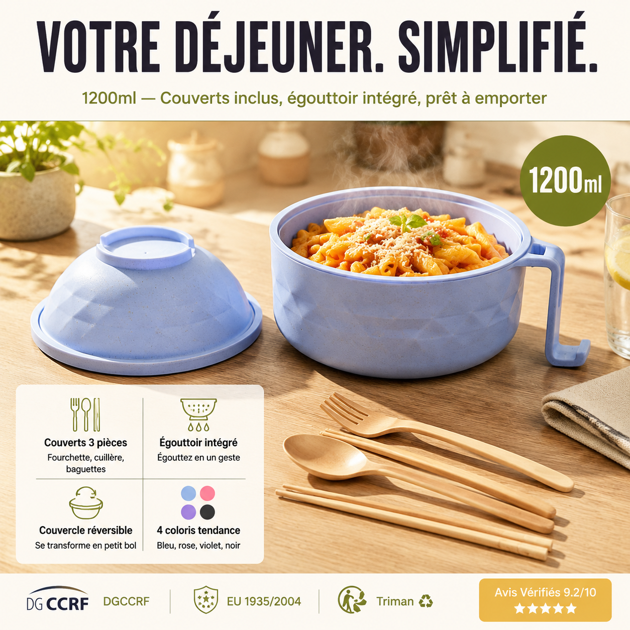 Bol à nouilles avec couvercle et passoire, grande capacité, vaisselle portable pour dortoir étudiant