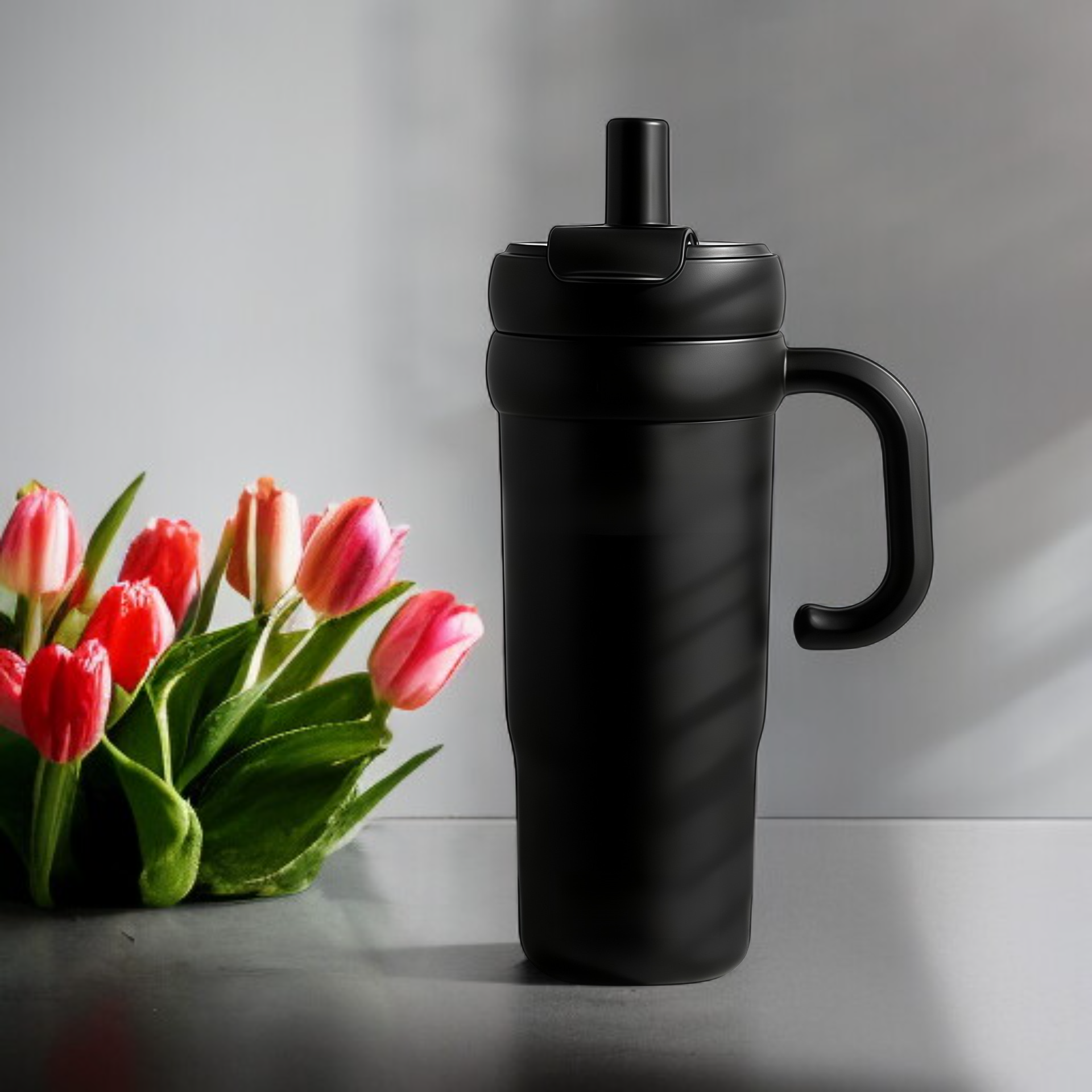 كوب معزول بمقبض وقشة، سعة كبيرة، كوب دوار