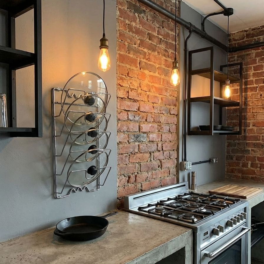 モダンなデザインの壁掛け鍋蓋ラック