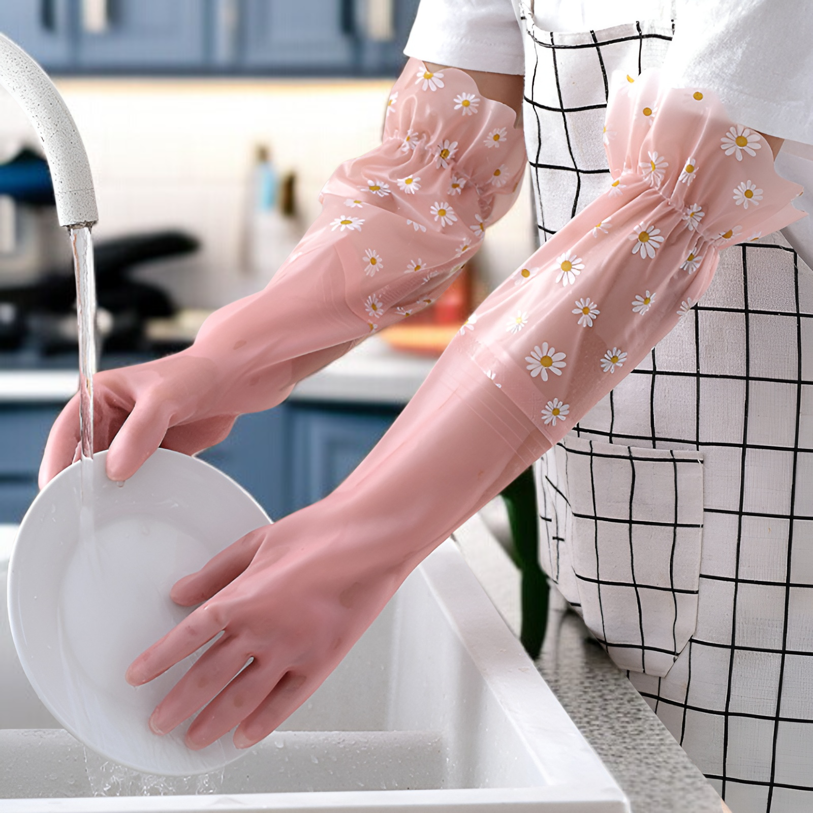 ゴム手袋 キッチン 食器洗い 手袋 ロング ラバーグローブ 皿洗い 厚手 女性用 長い 皿洗い用ゴム手袋 食器洗い手袋 炊事用ゴム手袋 キッチン用ゴム手袋 裏地付き 手荒れ防止 丈夫 フリーサイズ