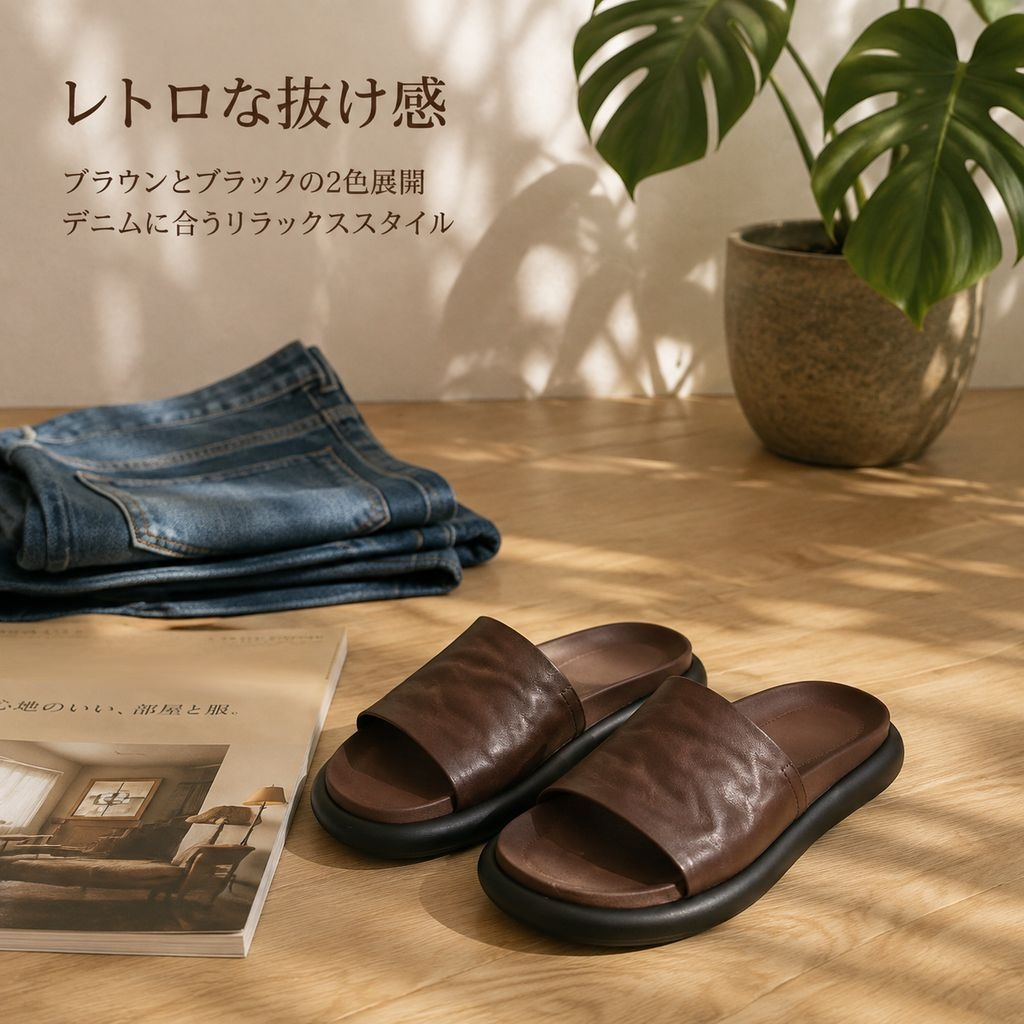 夏用外履き羊革ソフト厚底スリッパ レディース レトロサンダル