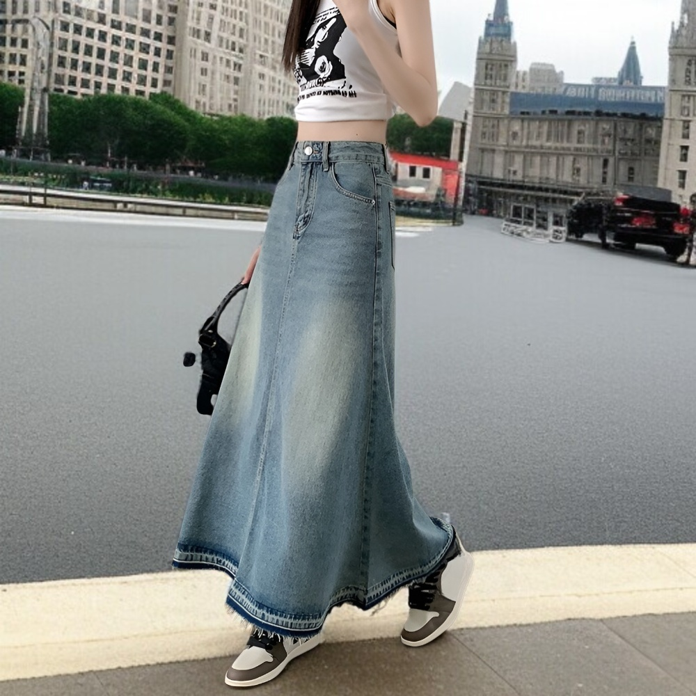 여자 가을 퍼 트리밍 하이웨스트 날씬 롱스커트 여성 A라인 롱스커트 왕단 롱스커트 데님 스커트 세트