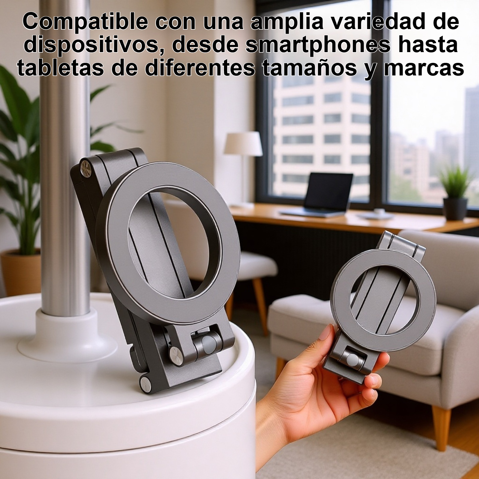 Vista lateral del soporte triangular para móviles y tabletas