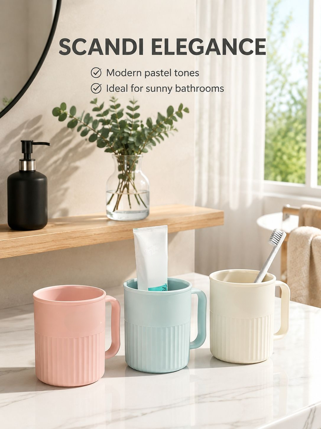 Creative two-tone toothbrush cup on a bathroom countertop